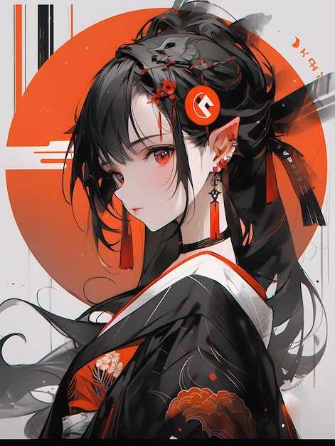 Póster de una chica anime al estilo de sombríos colores rojo oscuro y blanco.