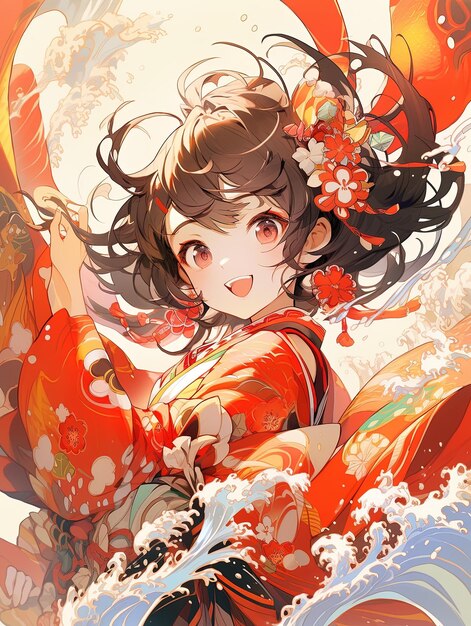 un póster de una chica de anime con un kimono rojo