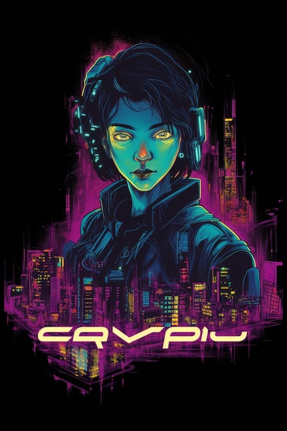 Un póster para una chica cyberpunk con un fondo morado neón.