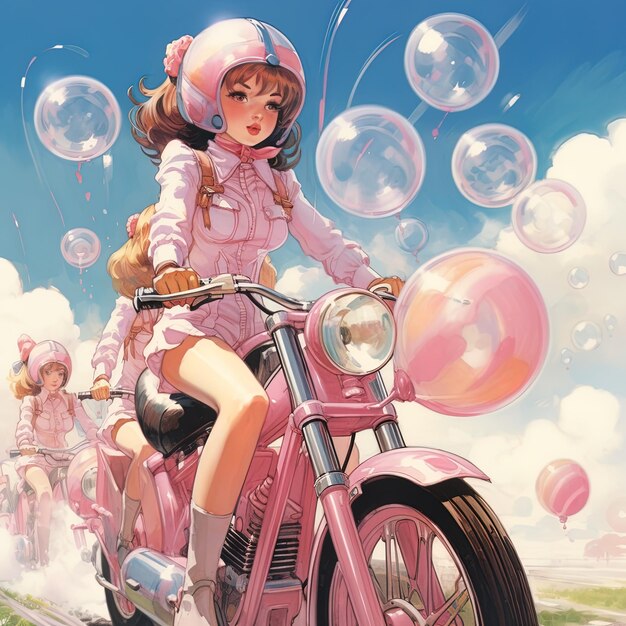 un póster de una chica en una motocicleta rosa con globos en el fondo