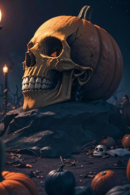 Póster Cinemático de Halloween con Calavera y Calabazas Fondo de Pantalla