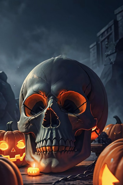 Póster Cinemático de Halloween con Calavera y Calabazas Fondo de Pantalla