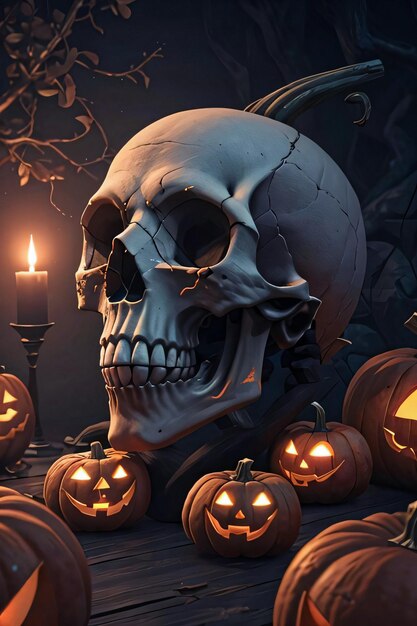 Póster Cinemático de Halloween con Calavera y Calabazas Fondo de Pantalla