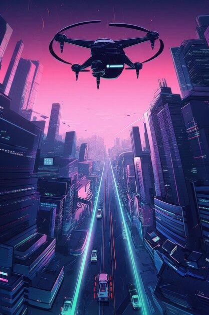 Un póster de una ciudad cyberpunk con un dron sobrevolándola.