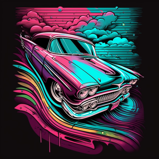 Foto un póster de un coche con colores neón.