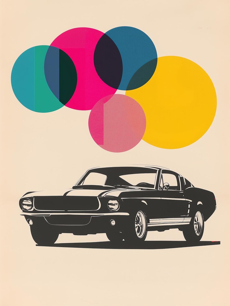 Foto póster de coche vintage retro con formas geométricas coloridas en un estado de ánimo cálido y suave