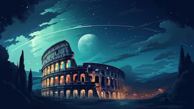 Póster del Coliseo en la noche con vista al cielo oscuro