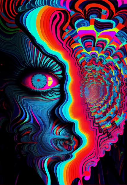 Un póster colorido de la cara de una mujer con un diseño en espiral en el lado izquierdo.