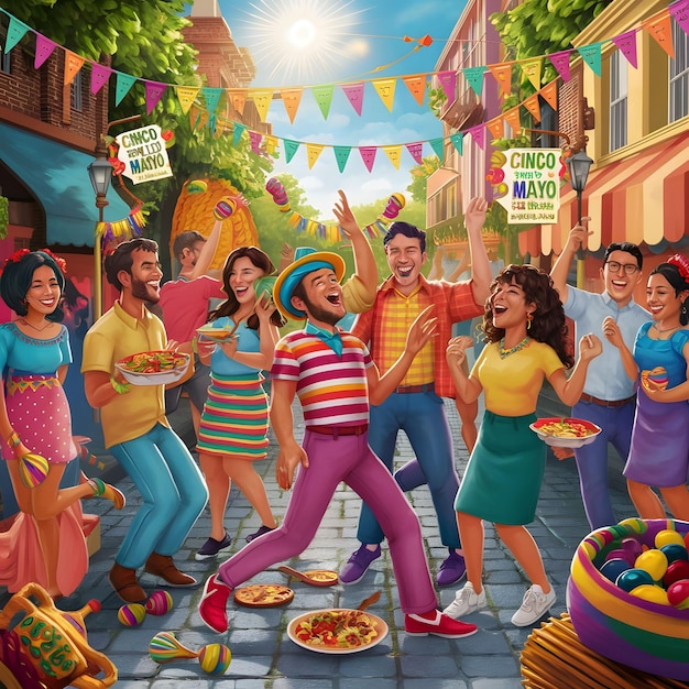 Foto poster colorido do feriado de cinco de mayo uma família comemora com alimentos que geram ai