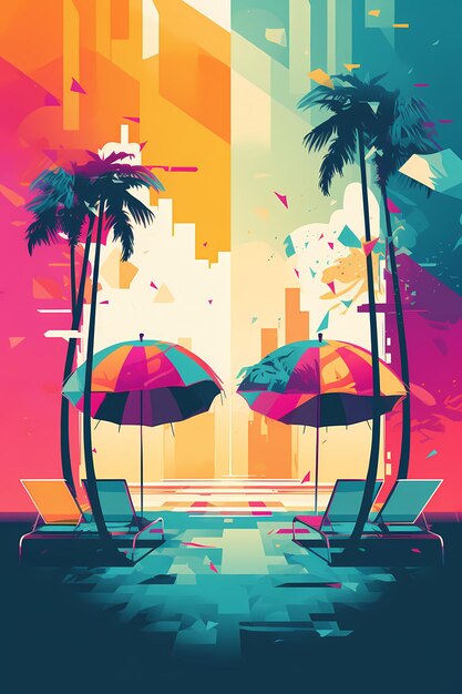 Un póster colorido con una escena de playa y una palmera.