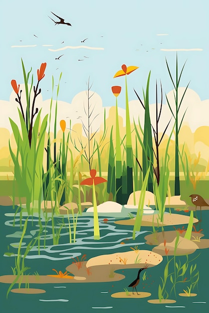 Foto poster colorido flora e fauna das zonas húmidas preservação das zonas úmidas verdes ideias de conceito criativas