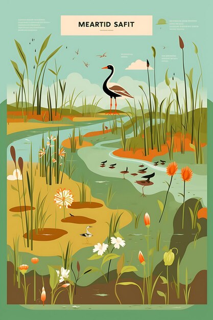 Poster colorido Flora e Fauna das zonas húmidas Preservação das zonas úmidas verdes Ideias de conceito criativas