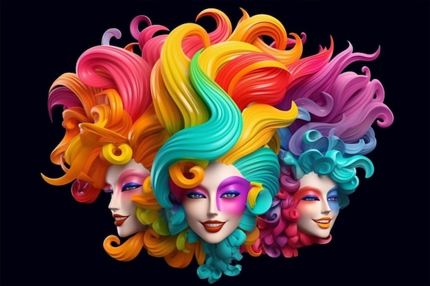 Un póster colorido de una mujer con cabello colorido y una cara con la palabra amor.