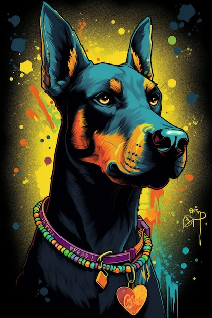 Un póster colorido de un perro doberman con un collar amarillo y negro.