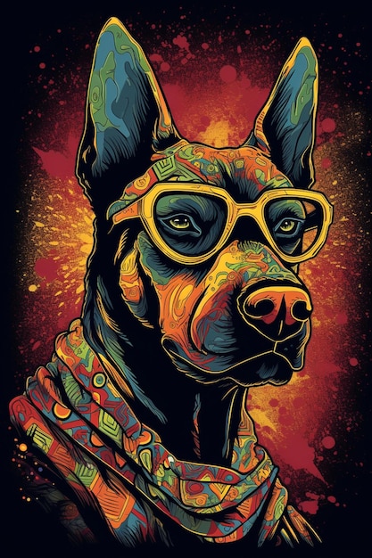 Un póster colorido de un perro con gafas de sol.