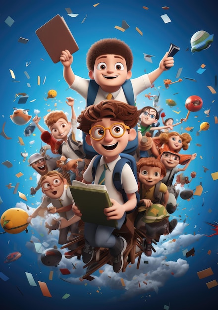 Póster colorido de personajes en 3D de Happy School Squad que muestra momentos divertidos de amigos mientras se preparan para la escuela