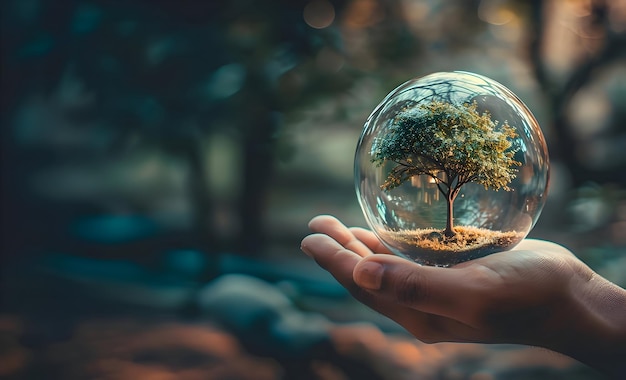 Foto poster conceptual de protección del medio ambiente del día de la tierra con un árbol dentro de una bola de vidrio