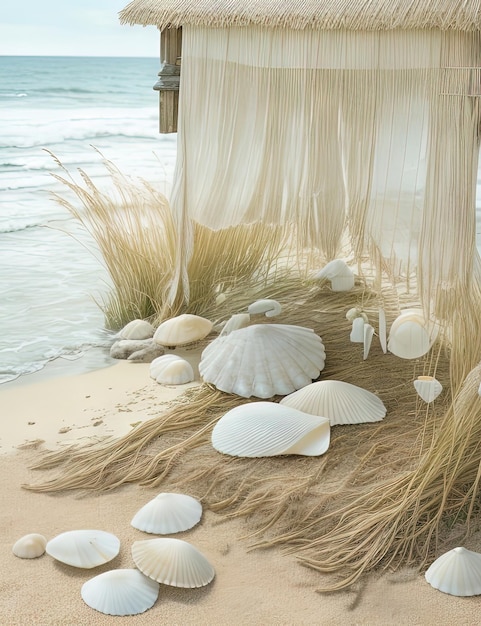 Un poster de cottongrass en una playa tranquila al atardecer