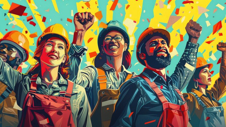 Poster creativo del día del trabajo con un fuerte tema visual de unidad y celebración