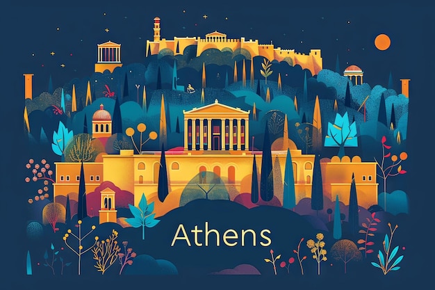 Poster da cidade de Atenas com arte linear minimalista
