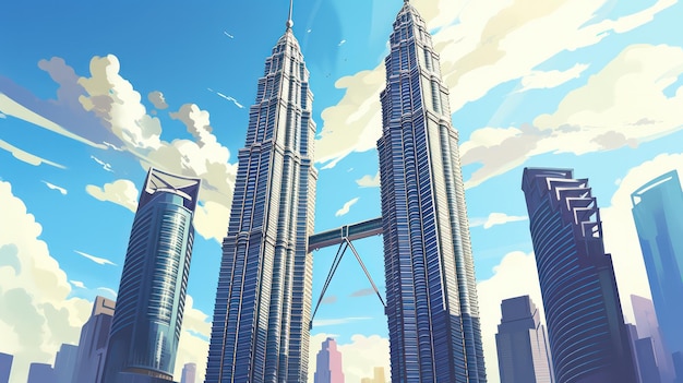 Foto poster da torre gêmea da malásia no dia ensolarado com vista para o céu azul