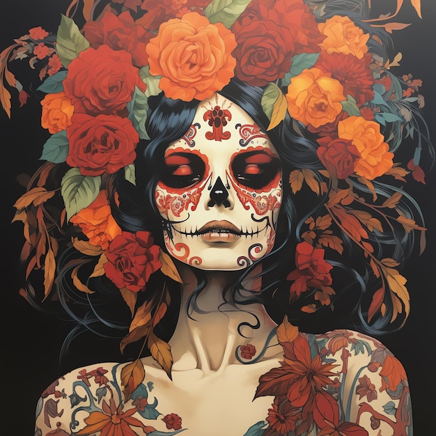 Foto pôster de 1970 garota esqueleto com flores na cabeça mexicano dia de muertos dia dos mortos