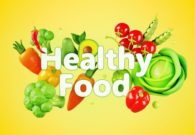 Poster de alimentos saudáveis em 3D Produtos agrícolas orgânicos vegetais voadores em fundo amarelo Bandeira de verão com tomate fresco, abacate, brócolis, pimenta, cenoura, ervilha verde e repolho