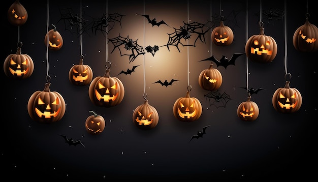 Poster de anúncio com morcegos de abóbora e elementos de halloween pendurados em corda