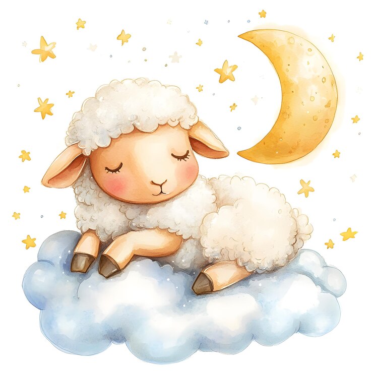 Poster de aquarela com uma ovelha dormindo em uma nuvem perfeito para quartos de crianças canções de ninar e temas de boa noite decoração de sonhos doces
