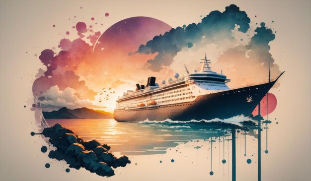 Poster de aquarela de tinta de viagem de férias em cruzeiro com navio de cruzeiro