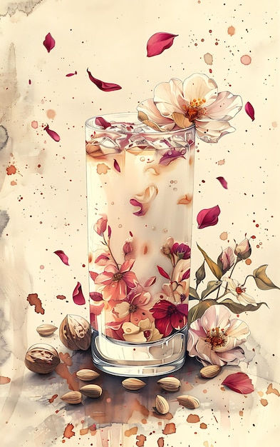 Poster de bebida Thandai com nozes e pétalas de rosa pastel e ilustração de comida bebida sabores indianos