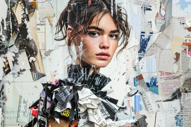 Poster de colagem grunge gerativa de IA com bela foto de retrato de modelo Revista de papel diferente