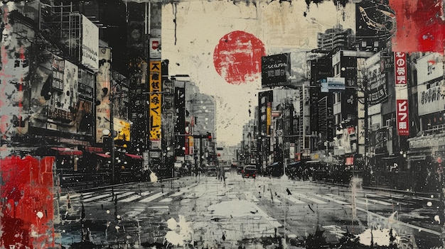 Poster de colagem vintage grunge em preto e branco com paisagem urbana asiática Diferentes texturas e formasx9