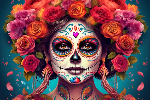 Poster de Dia de los muertos em estilo tradicional mexicano apresenta a beleza de Calavera Catrina personagem de feriado gerado pela IA para decoração doméstica ou evento cultural com mulheres com cara de crânio com flores