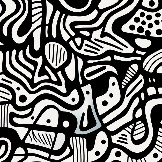 Poster de Doodle preto e branco com corpos distorcidos e motivos de animais