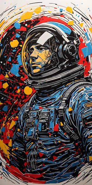 Pôster de espaço abstrato com desenho de astronauta com corte Lino VintageInspired Graphic Art AI Generative