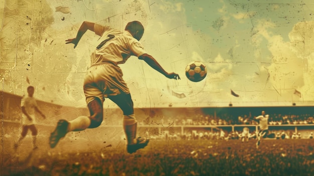Foto poster de estilo vintage do momento icônico do gol do futebol com filtro retro para entusiastas do esporte