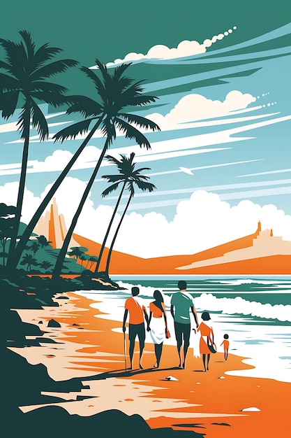 Poster de famílias indianas desfrutando de férias na praia com a bandeira indiana B Flat 2D Design Art Creative