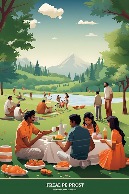 Poster de famílias se reunindo para um piquenique em um parque com bandeira indiana P Flat 2D Design Art Creative