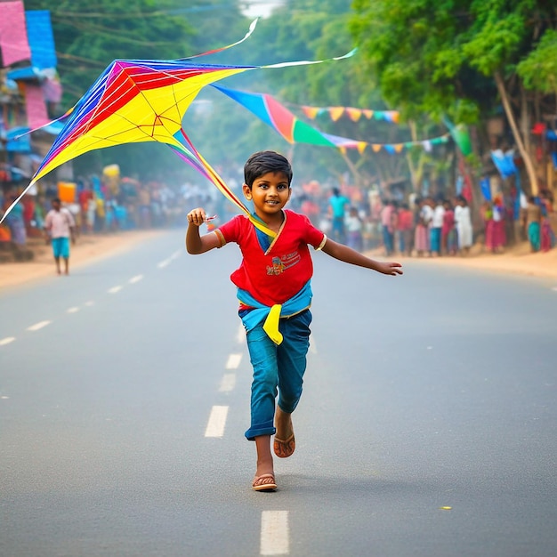 Foto poster de feliz festival de makar sankranti sankrant ou feriado de calendário crianças voando papagaios