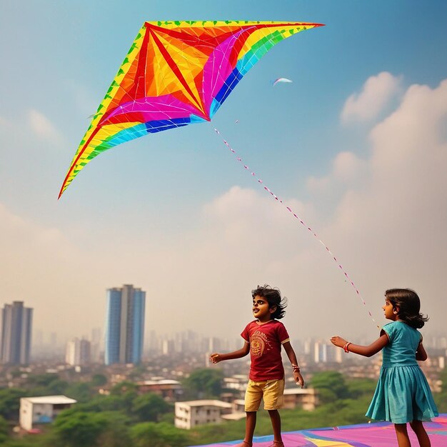 Foto poster de feliz festival de makar sankranti sankrant ou feriado de calendário crianças voando papagaios