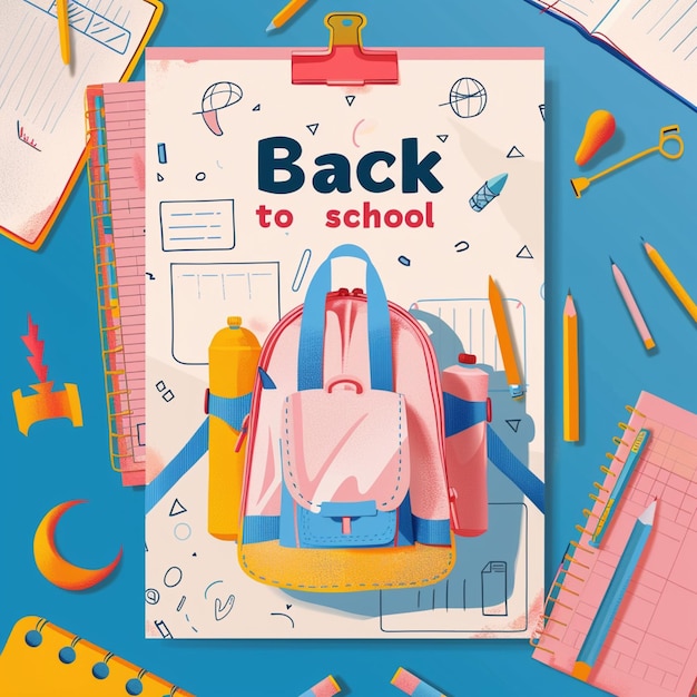 Poster de flyer de conceito de retorno à escola de suprimentos escolares com as palavras "retorno à escola" escritas nele