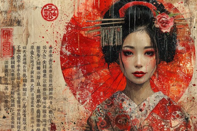 Foto poster de geisha asiática, colagem de moda.