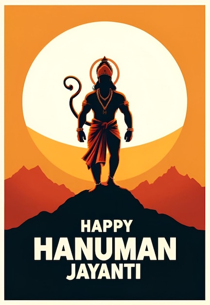 Poster de Happy Hanuman Jayanti ilustração com a silhueta do Senhor Hanuman na montanha