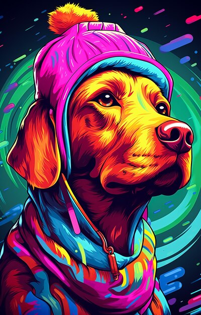 Poster de ilustração colorido para um Cute Dog em cores azuis e amarelas brilhantes