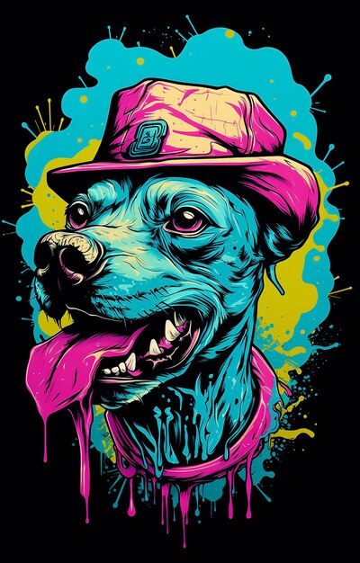 Poster de ilustração colorido para um Cute Dog em cores azuis e amarelas brilhantes