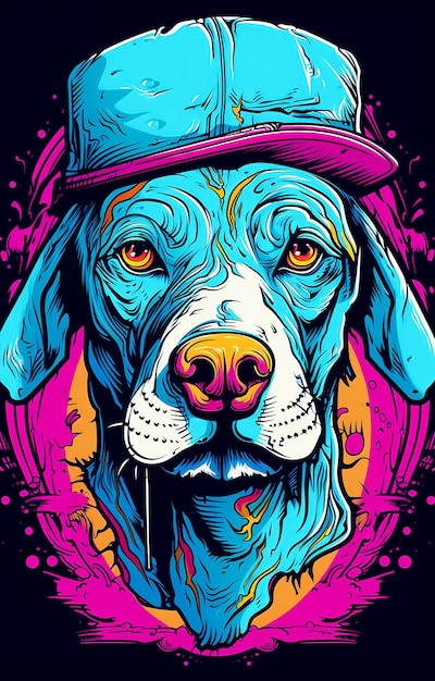 Poster de ilustração colorido para um Cute Dog em cores azuis e amarelas brilhantes