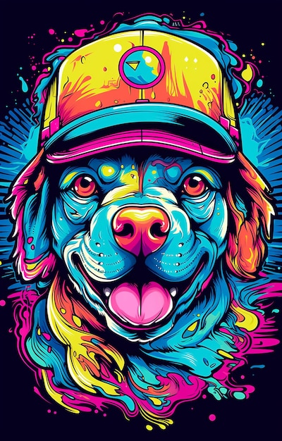 Poster de ilustração colorido para um Cute Dog em cores azuis e amarelas brilhantes