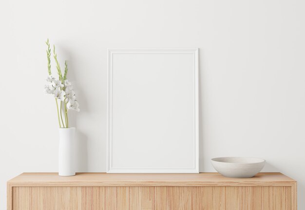 Poster de interior de casa com moldura na mesa e fundo branco na parede renderização 3D