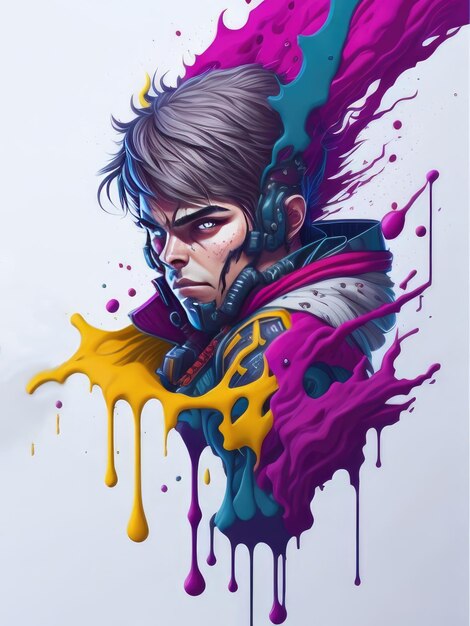 Poster de jogo retrato de personagem estilo salpico de pintura colorido